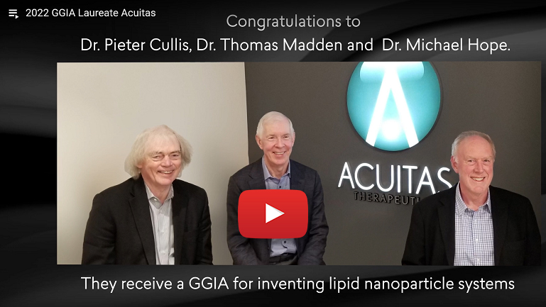 Dr. Pieter Cullis & Acuitas colleagues win Governor General's Innovation award for LNP technology